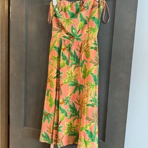 Tropical Print Strapless Dress with Belt